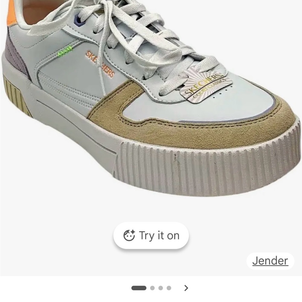 Skechers White Platform Sneaker with Tan and Neon Accents